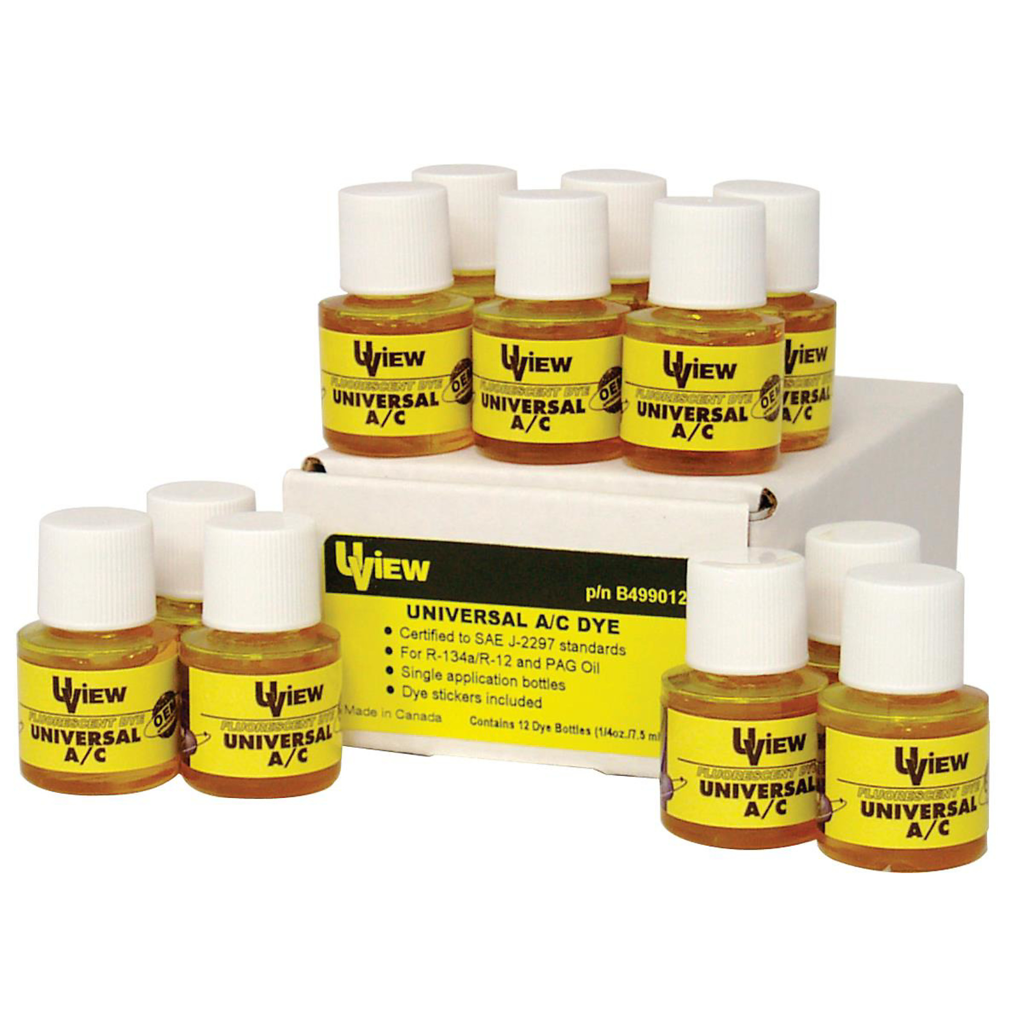 UView Universal A/C System Dye — 12 x 0.25 Oz. Bottles, SAE Certified, OEM Approved, Model# UVUB499012